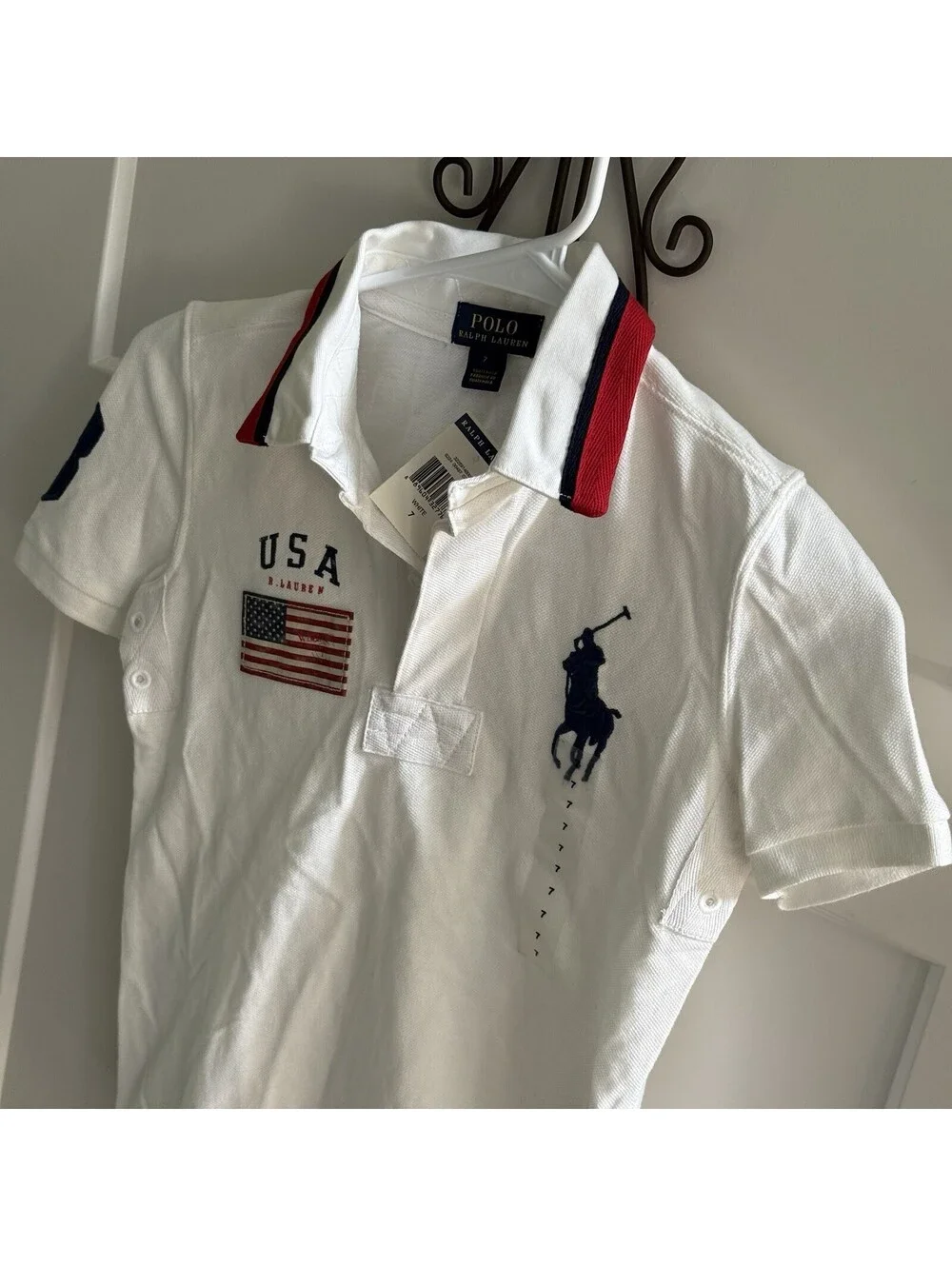 NWT Polo Ralph Lauren USA Big Pony Polo Shirt Youth Size 7 Unisex White